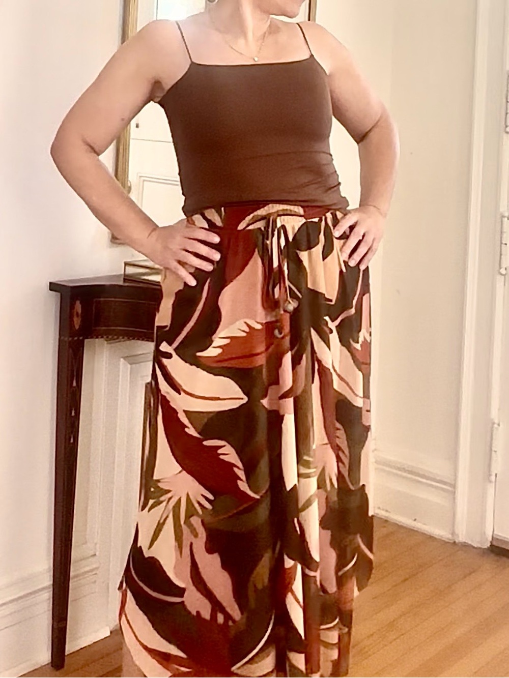 Brown Tropical-Print Maxi Skirt with Tie Waist